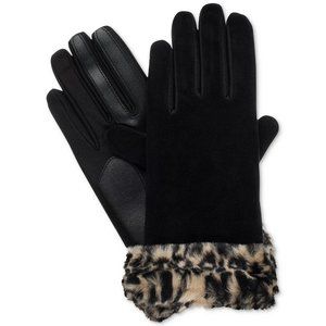 ISOTONER Black Stretch Velvet Leopard Faux Fur Cuff Smartouch Gloves S/M